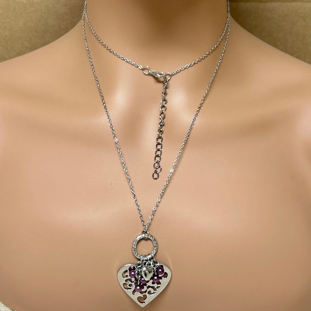 Long Silver and Purple Bead Accent Heart Pendant Necklace